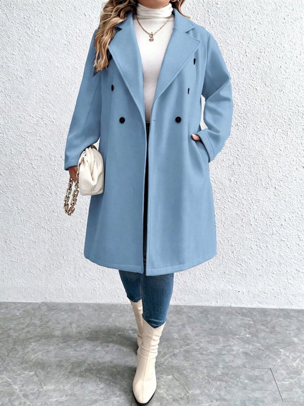 Dusty Blue Casual Women's Lapel Neck Long Sleeve Double-Breasted Overcoat